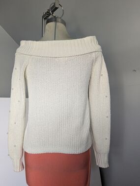 Derek Heart Cream Off-the-Shoulder Pearl Knit Sweater